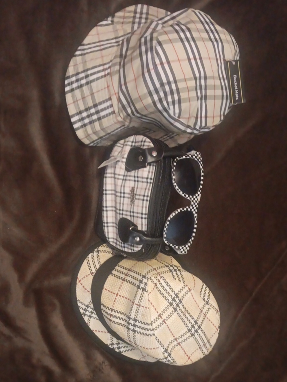 Classic Plaid Ladies/Mens  Crossbody Bag - Beige/Bucket & Fedora Hat/Shades!